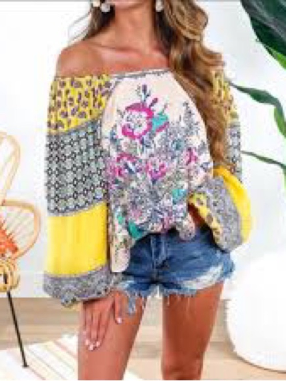 Free People Yellow Multi Floral Off-Shoulder Blouse
